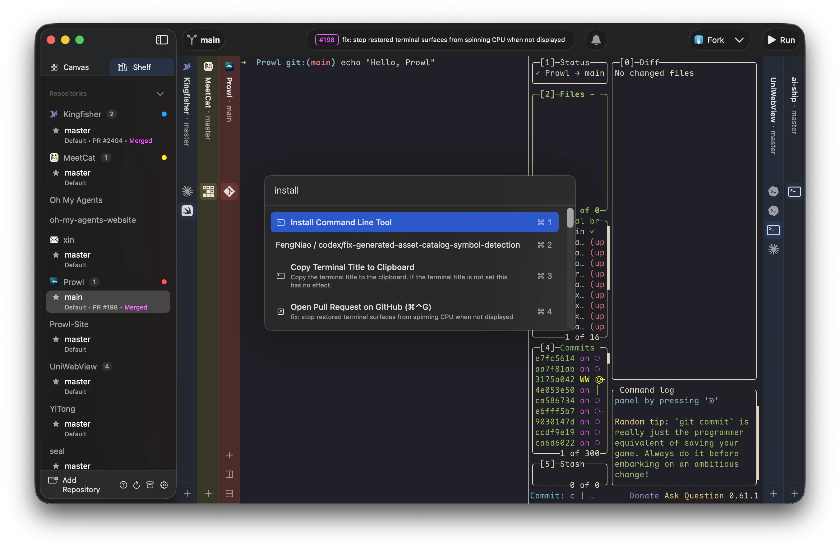 Prowl app — vertical tabs, terminal, command palette, and split view