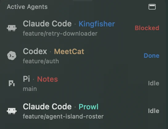 Active Agents panel listing Claude Code, Codex and Gemini with Working, Blocked, Done and Idle states