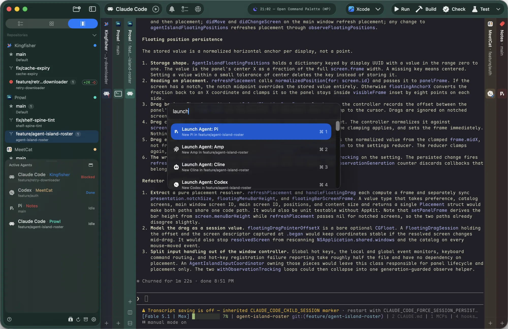 The Command Palette open over Canvas, listing recent and suggested actions with their shortcuts
